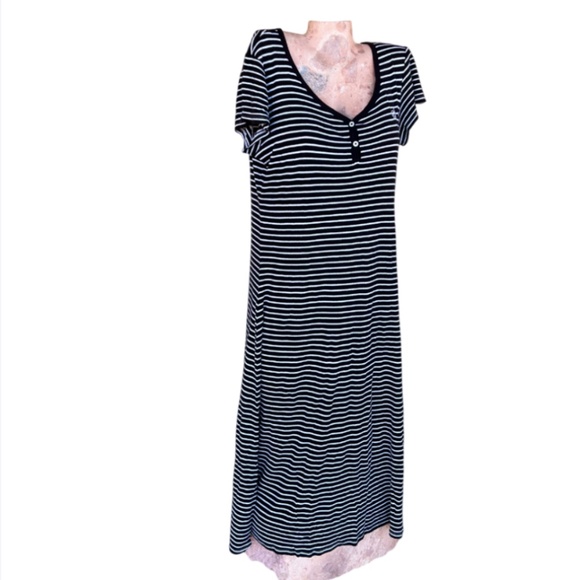 Short Sleeve Cotton Black & White Stripe Long Maxi Casual Dress - Picture 3 of 10